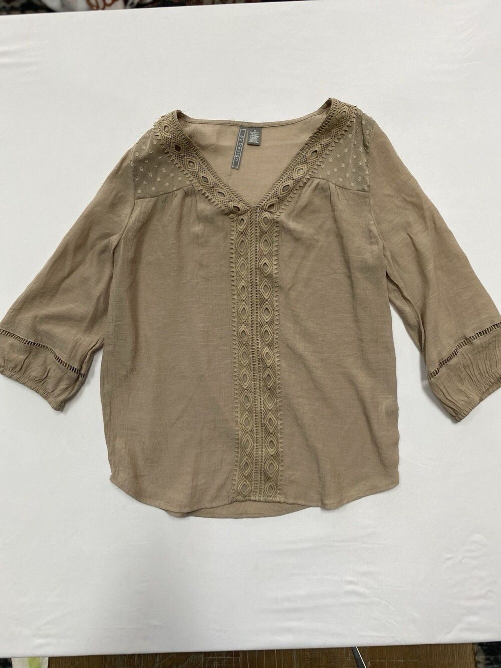 By Design Crochet Accent Boho Blouse - Tan/Taupe - Size Medium